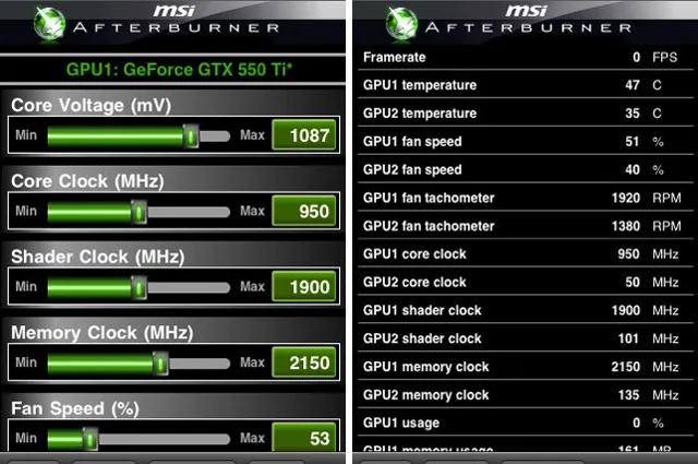 Compact preview of an MSI Afterburner-style monitoring and tuning layout