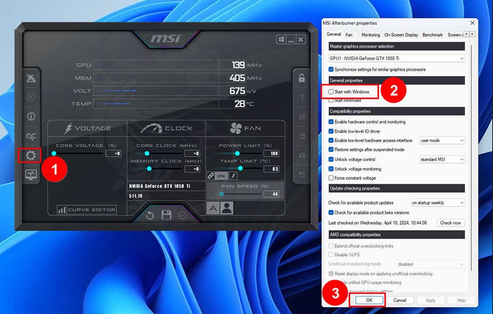 Numbered tutorial still: open settings, enable Start with Windows, then confirm in MSI Afterburner properties