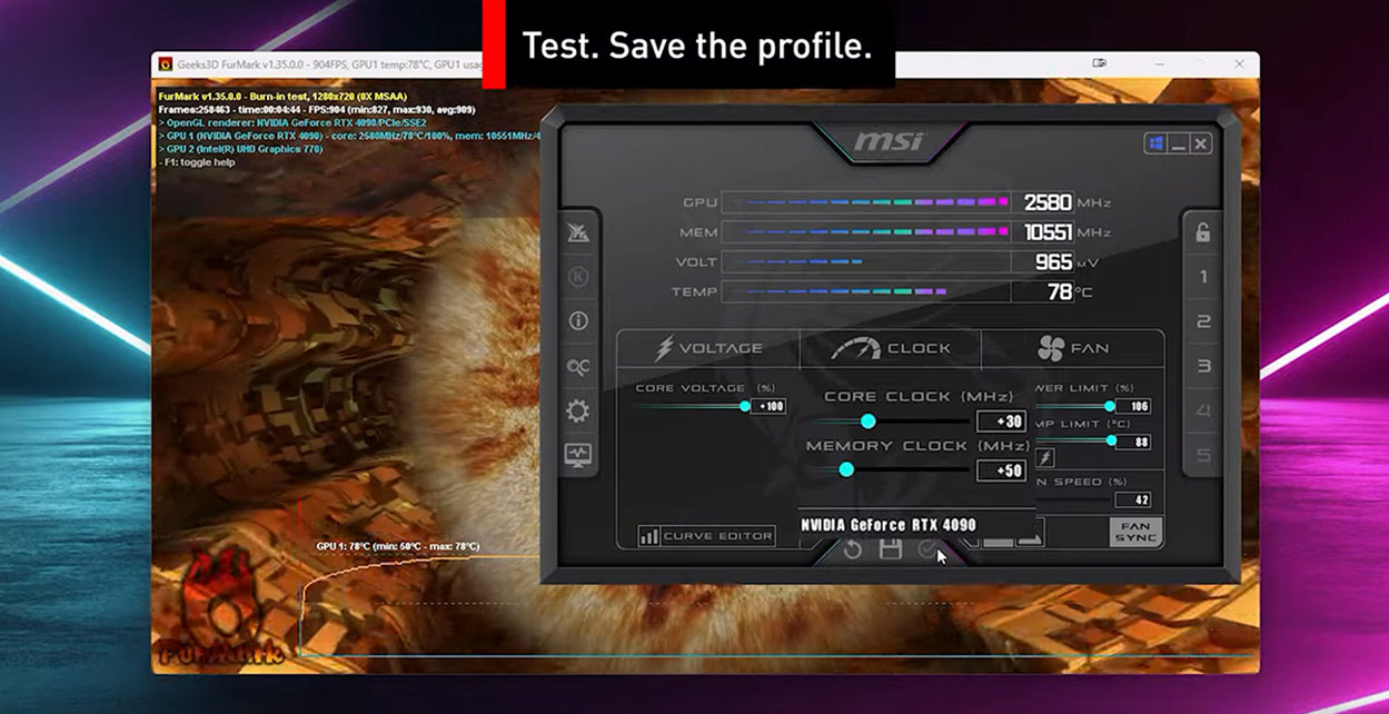 FurMark stress test beside MSI Afterburner with clocks and limits visible; instructional banner about testing and saving a profile